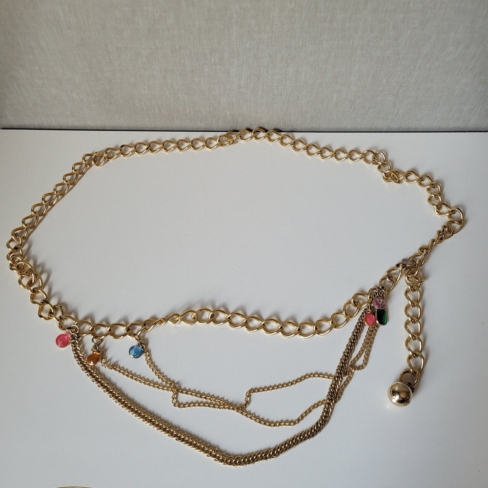 Vintage Gold-Tone Layered Chain Belt with Colorful Rhinestones & Gold Ball Charm
